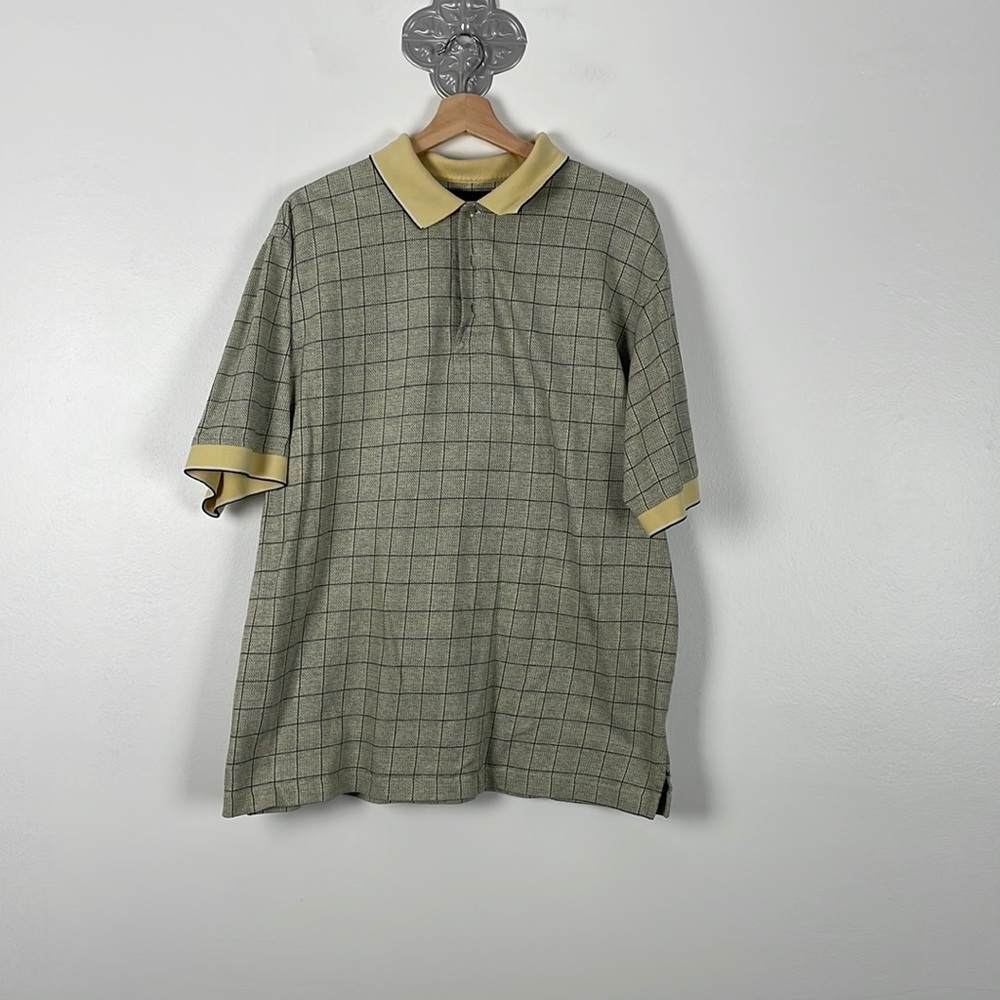Greg Norman yellow black short sleeve plaid 3/4 button golf shirt Size Large